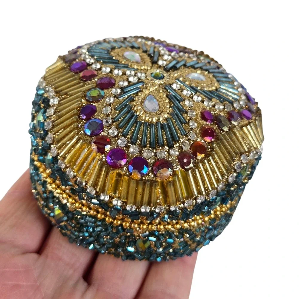 2 Vintage Beaded Bejeweled Trinket Boxes Round Domed Tins Iridescent Gold Blue